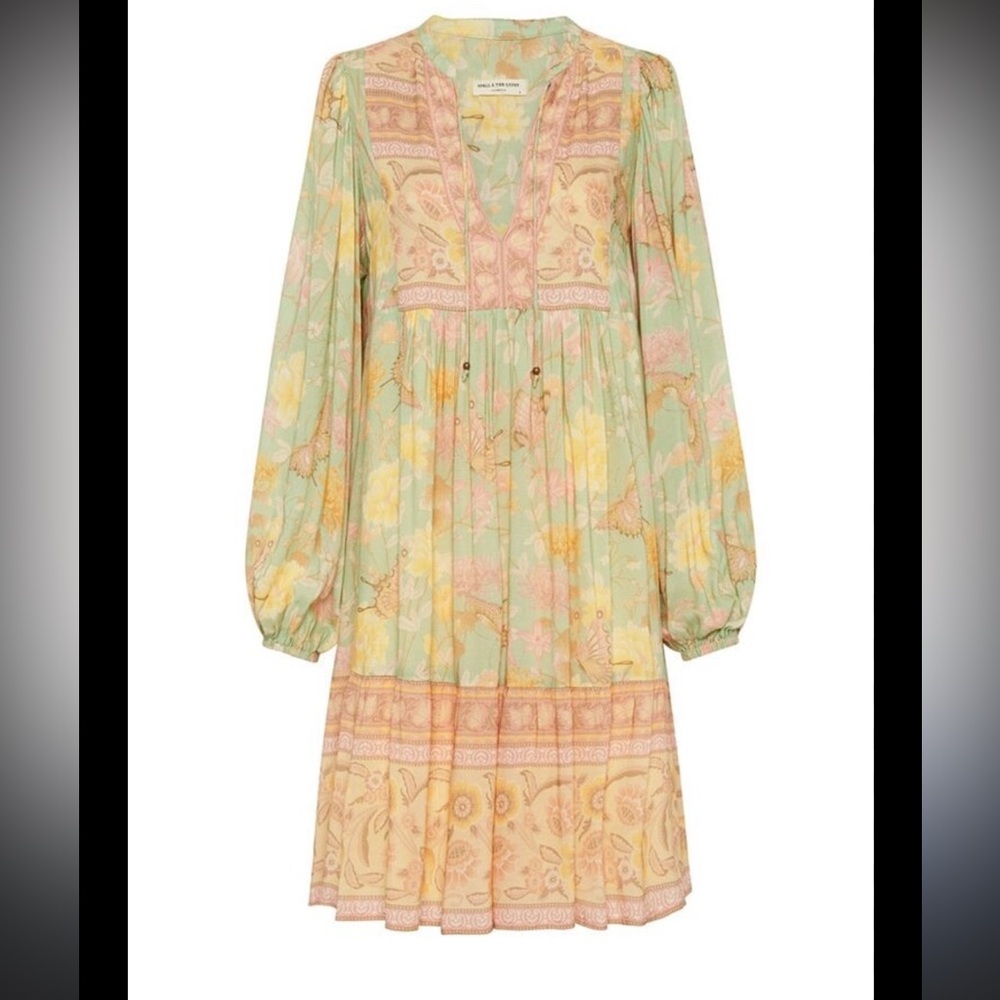Spell Floral Long Sleeve Dress in Pastel Green and Peach